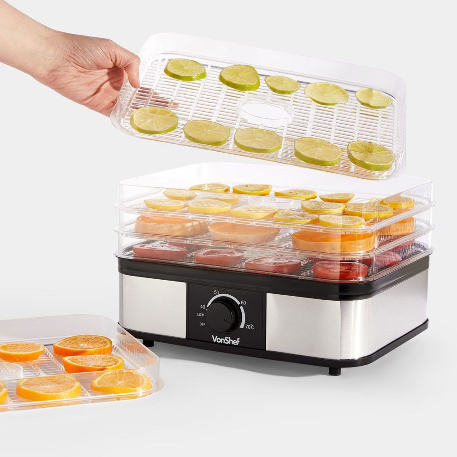 5 Tier Food Dehydrator. - AO. This dehydrator boasts a spacious 5 tray design and adjustable