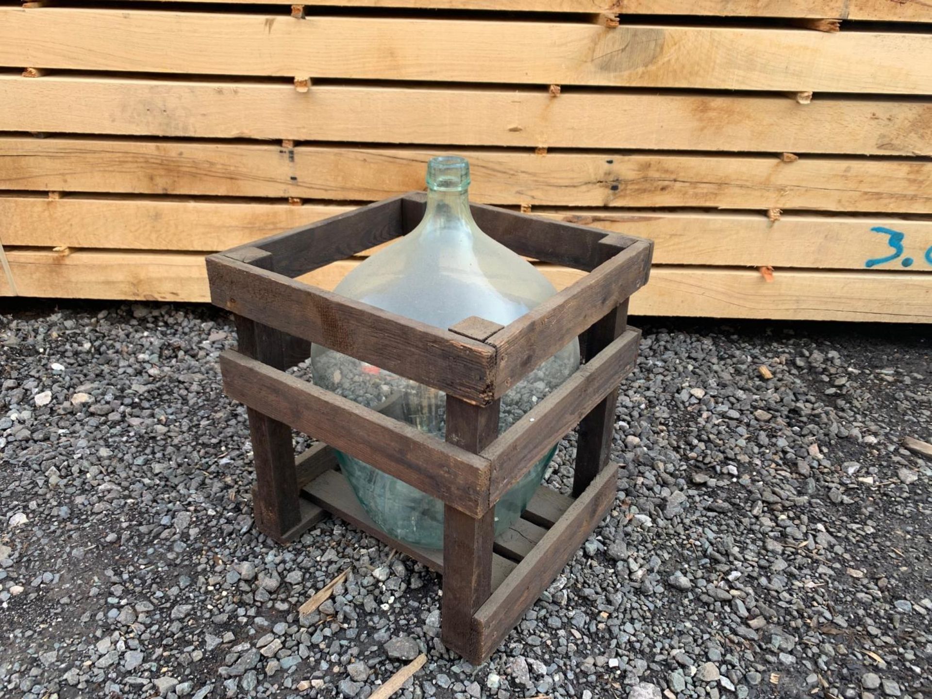 HUGE ANTIQUE GLASS BALLOON WINE KEG IN WOODEN CRATE