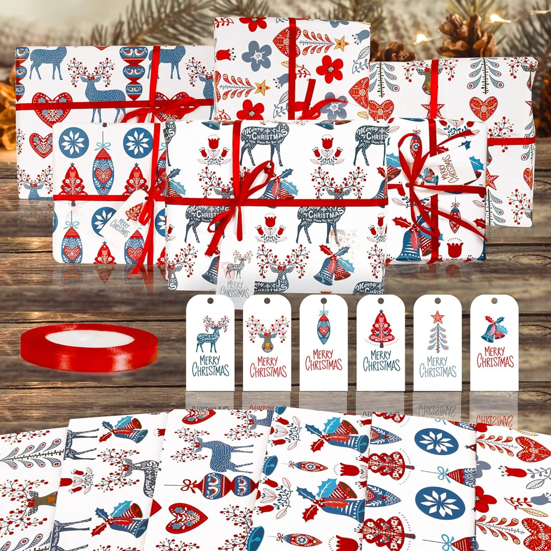 60 x Brand New 6 Folded Sheets Christmas Wrapping Paper Bundle with 9m Ribbon and 6 Name Tags,