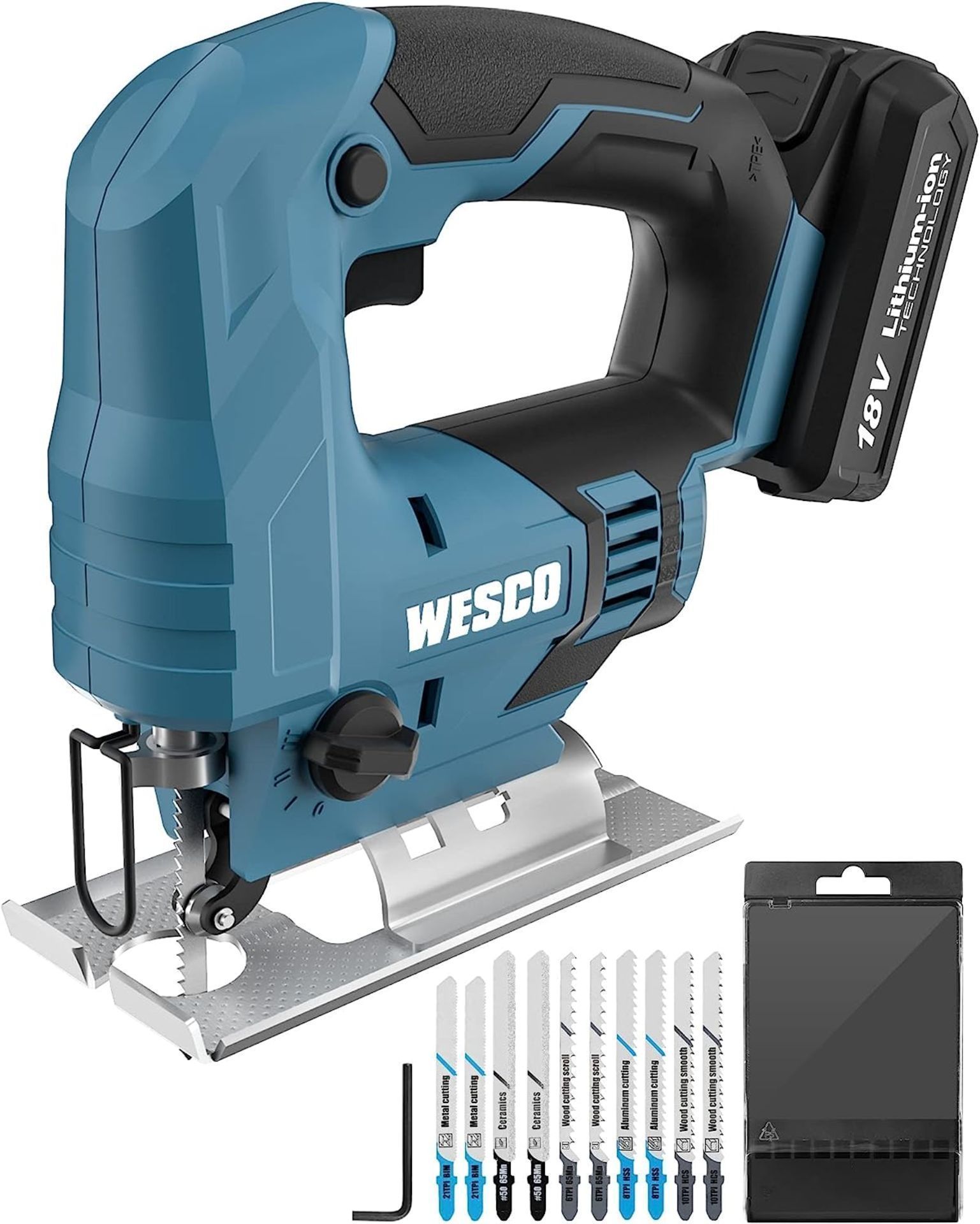 New & Boxed WESCO 18V 2.0Ah Jigsaw with Li-ion 2.0Ah Battery, 2400SPM, Variable Speed, 24mm Stroke