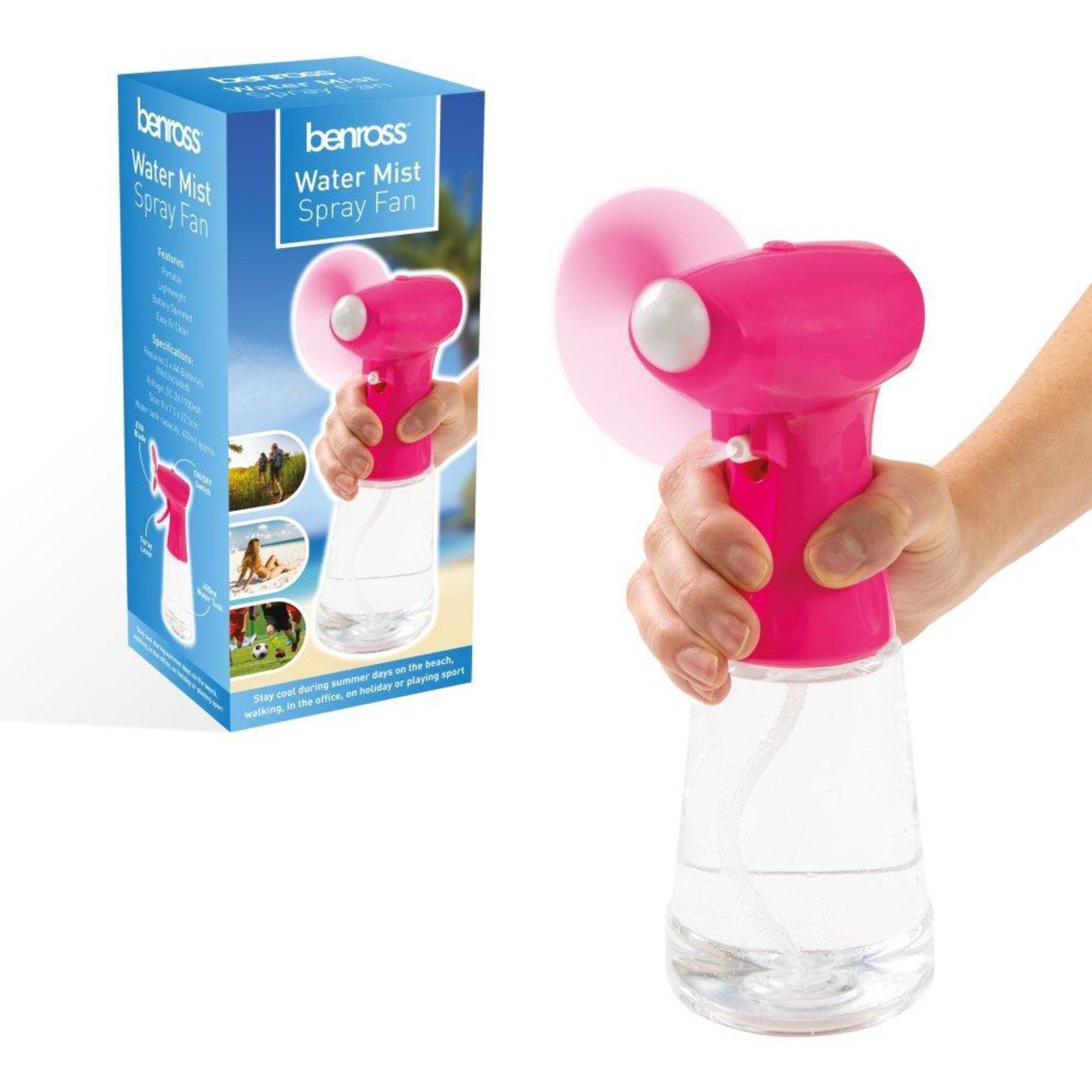 Benross Water Mist Spray Fan Pink - AO. Stay cool during hot summer days with the Benross Water Mist