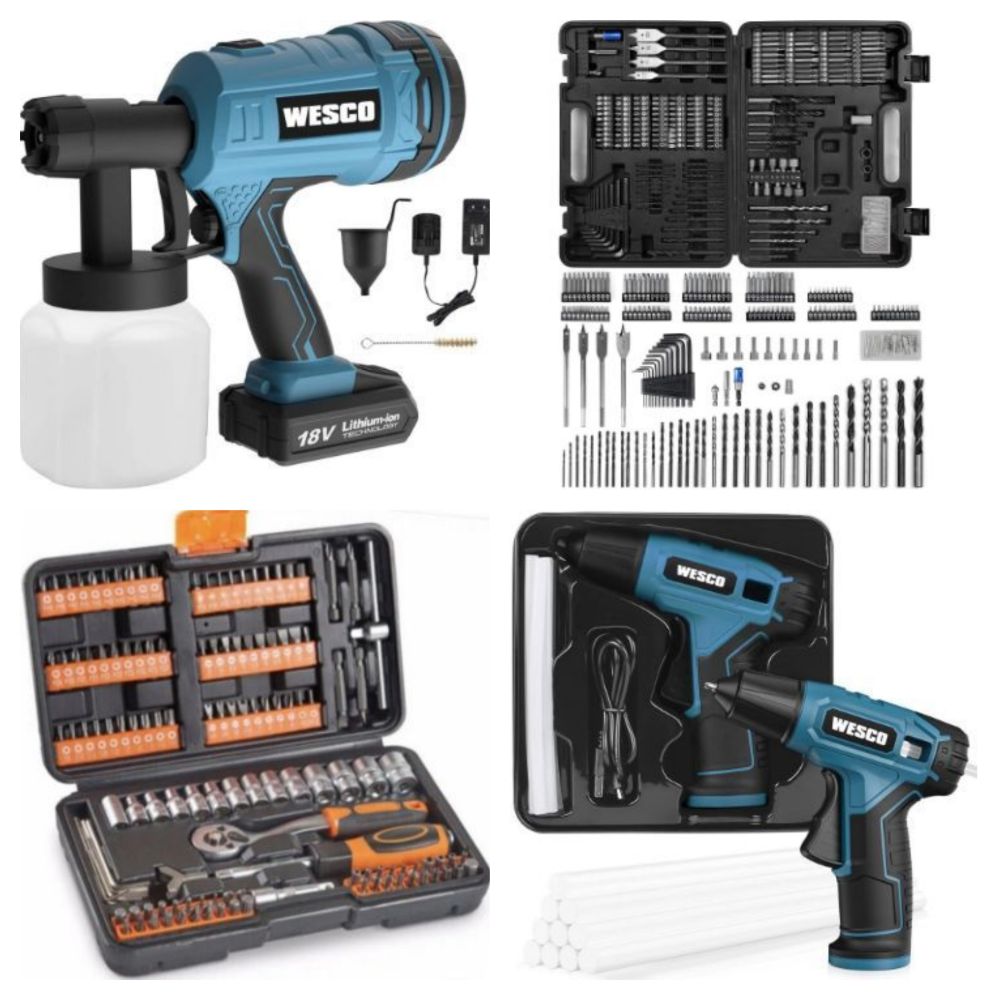 New Boxed Power Tools & Sets - Impact Drills, Angle Grinders, Socket Sets, Spray Guns, Saws, Sanders, Strimmers, Glue Gun, Hedge Trimmers & More