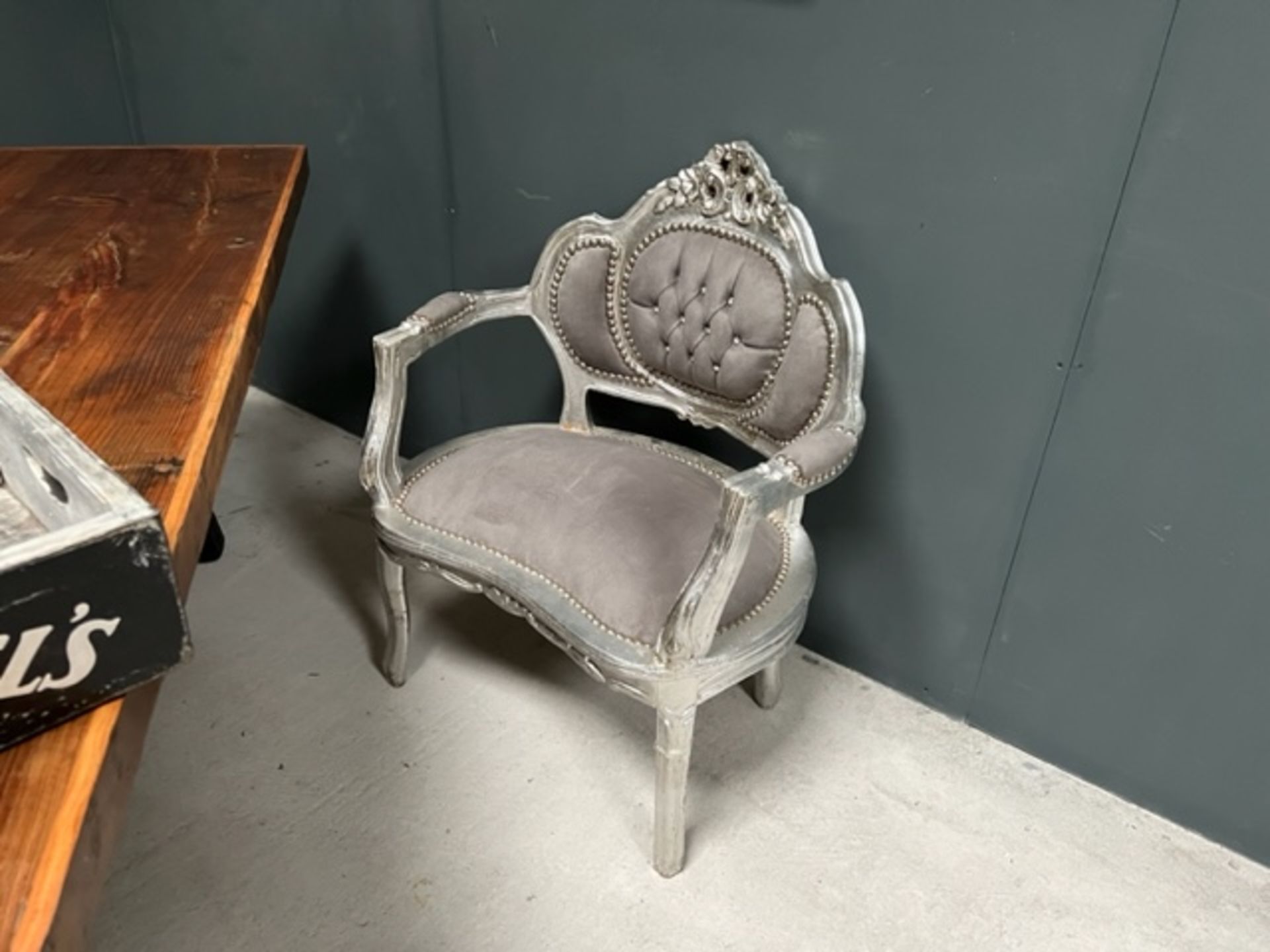 SILVER CHAIR- HANDFINISHED DISTRESSED ANTIQUE SILVER LEAF FRAME AND UPHOLSTERY