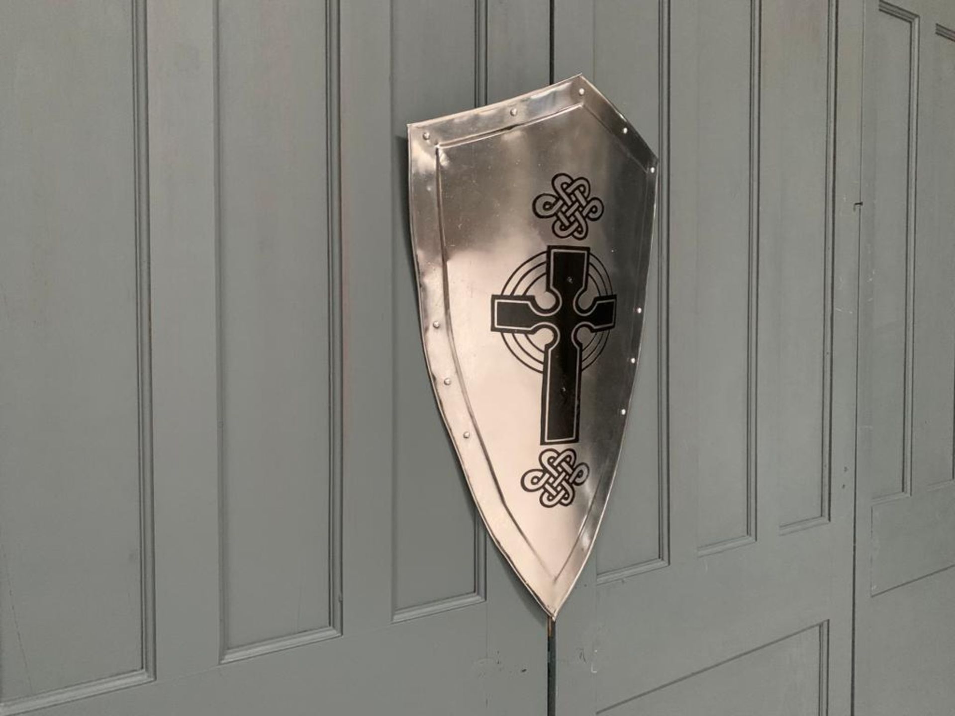 NEW BOXED POLISHED STEEL ROMAN CROSS ARMOUR SHIELD