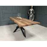 NEW PACKAGED HUGE 2M LONG WANEY EDGE WOODEN DINING TABLE ON METAL CROSSED BASE