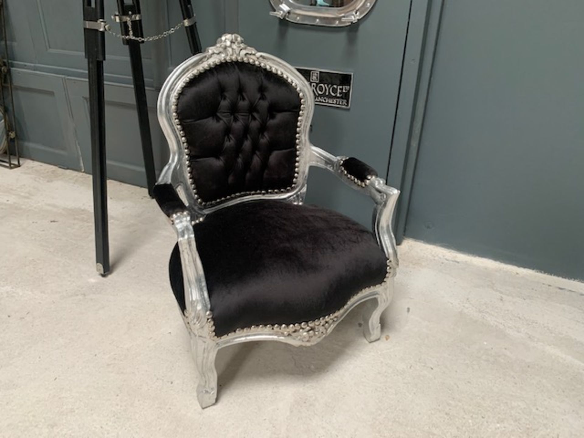 BABY LOUIS CHAIR, HANDFINISHED ANTIQUE SILVER DISTRESSED FRAME AND NEW BLACK UPHOLSTERY