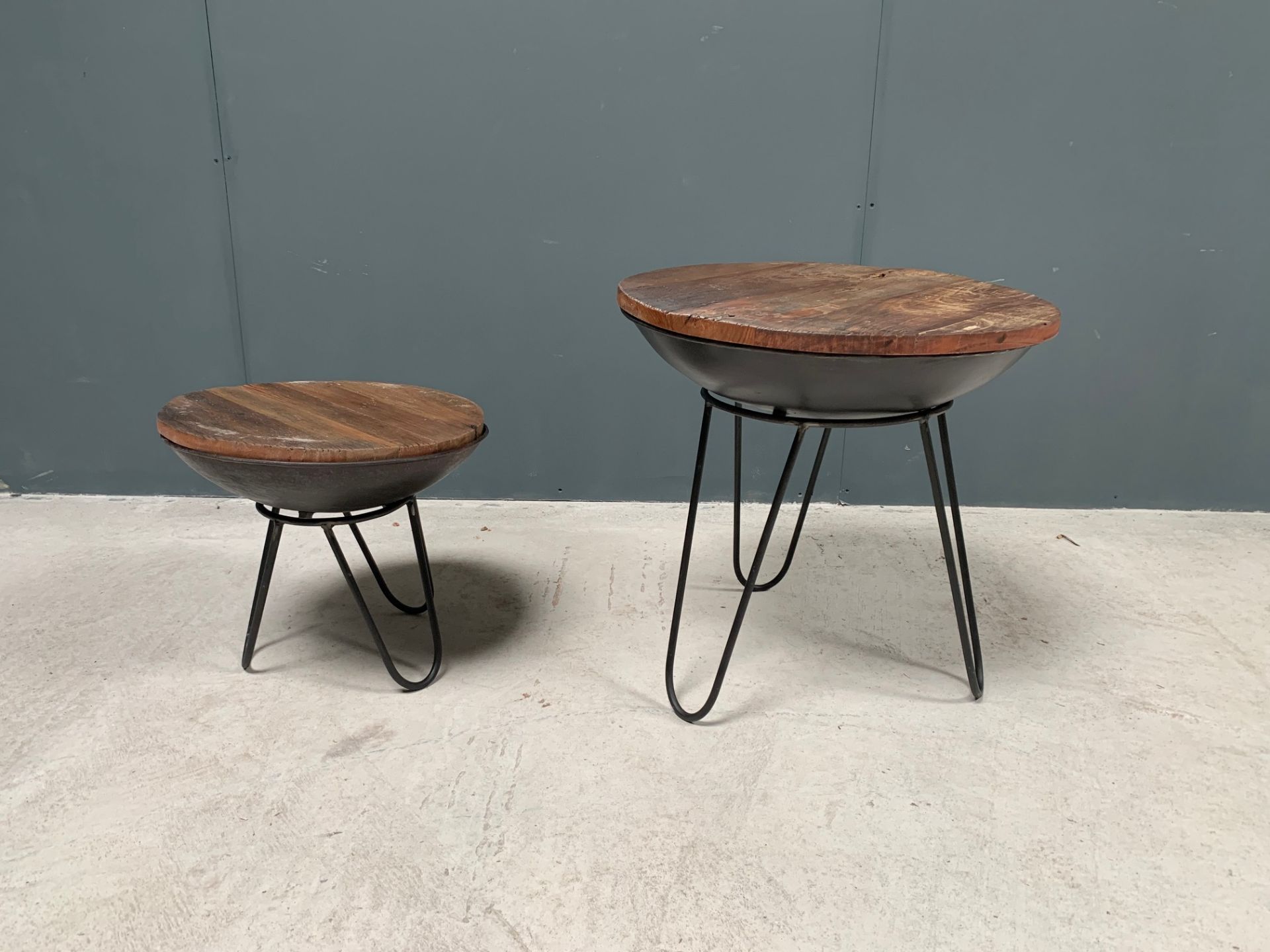 BOXED NEW PAIR OF RUSTIC INDIAN TIGARI SIDE TABLES