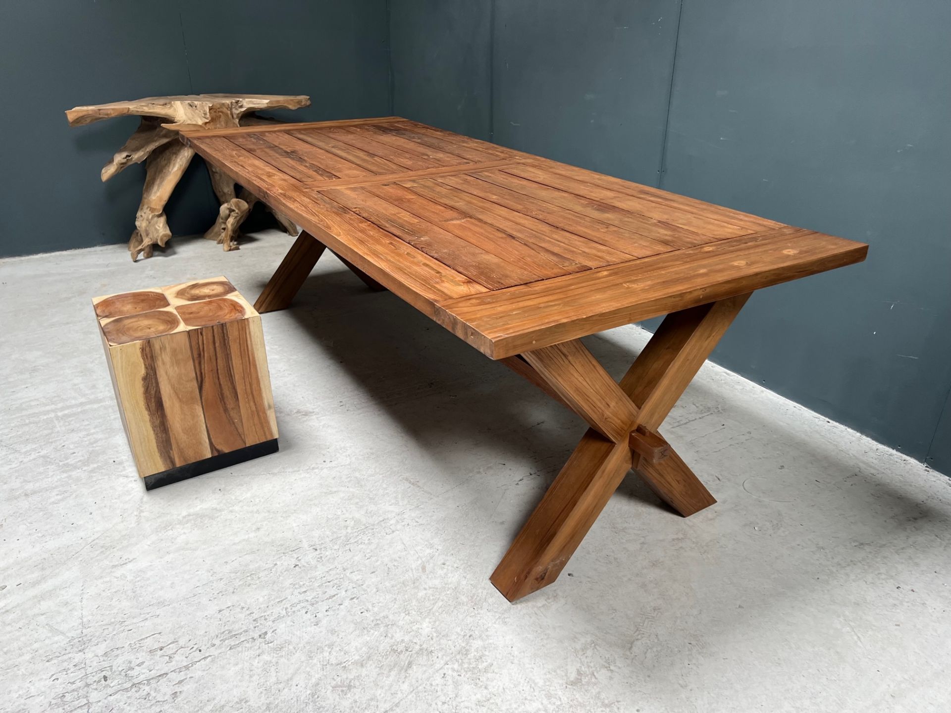 NEW PACKAGED HUGE 240CM RECYCLED TEAK DINING TABLE (APPROX 240CM LONG X 76CM TALL X 100CM WIDE) - Image 11 of 13