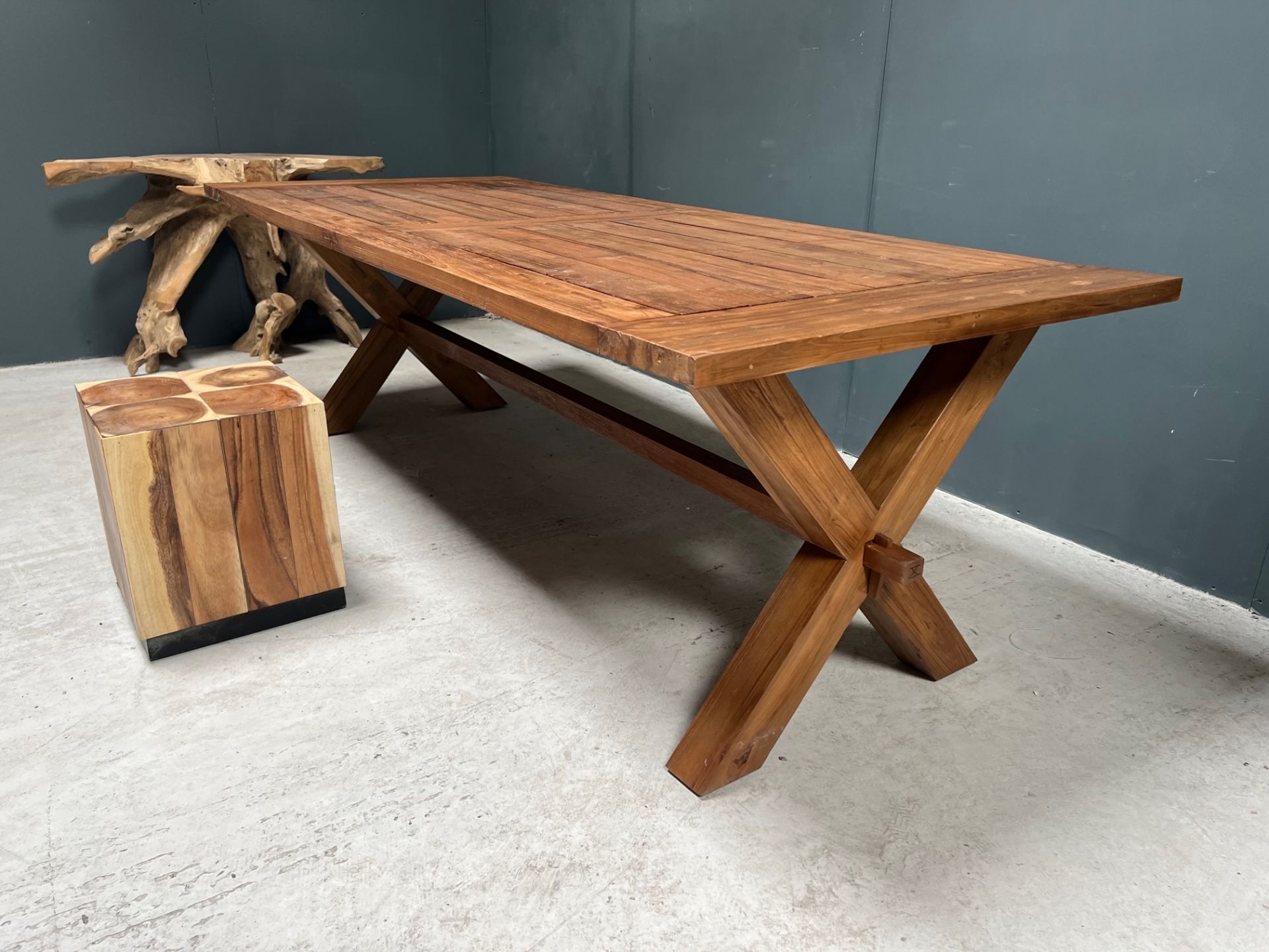 NEW PACKAGED HUGE 240CM RECYCLED TEAK DINING TABLE (APPROX 240CM LONG X 76CM TALL X 100CM WIDE) - Image 9 of 13