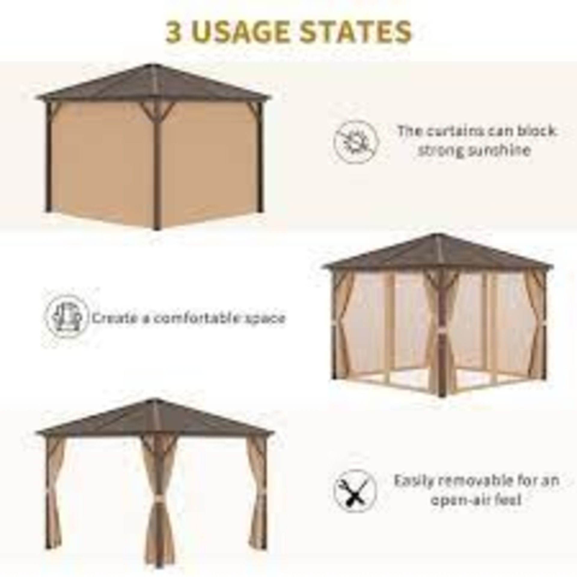 Hardtop Garden Gazebo with Curtains and Nets 3000x3000mm - Brown. - BI. metal gazebo will impress - Bild 2 aus 2