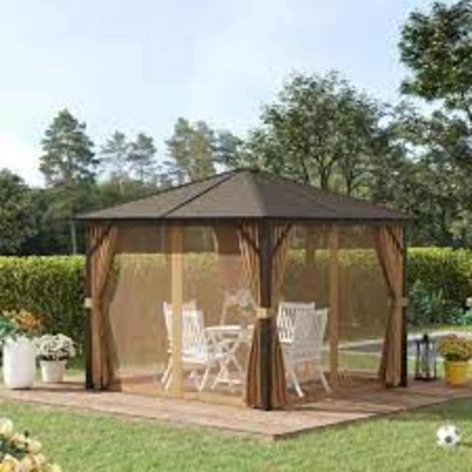 Hardtop Garden Gazebo with Curtains and Nets 3000x3000mm - Brown. - BI. metal gazebo will impress