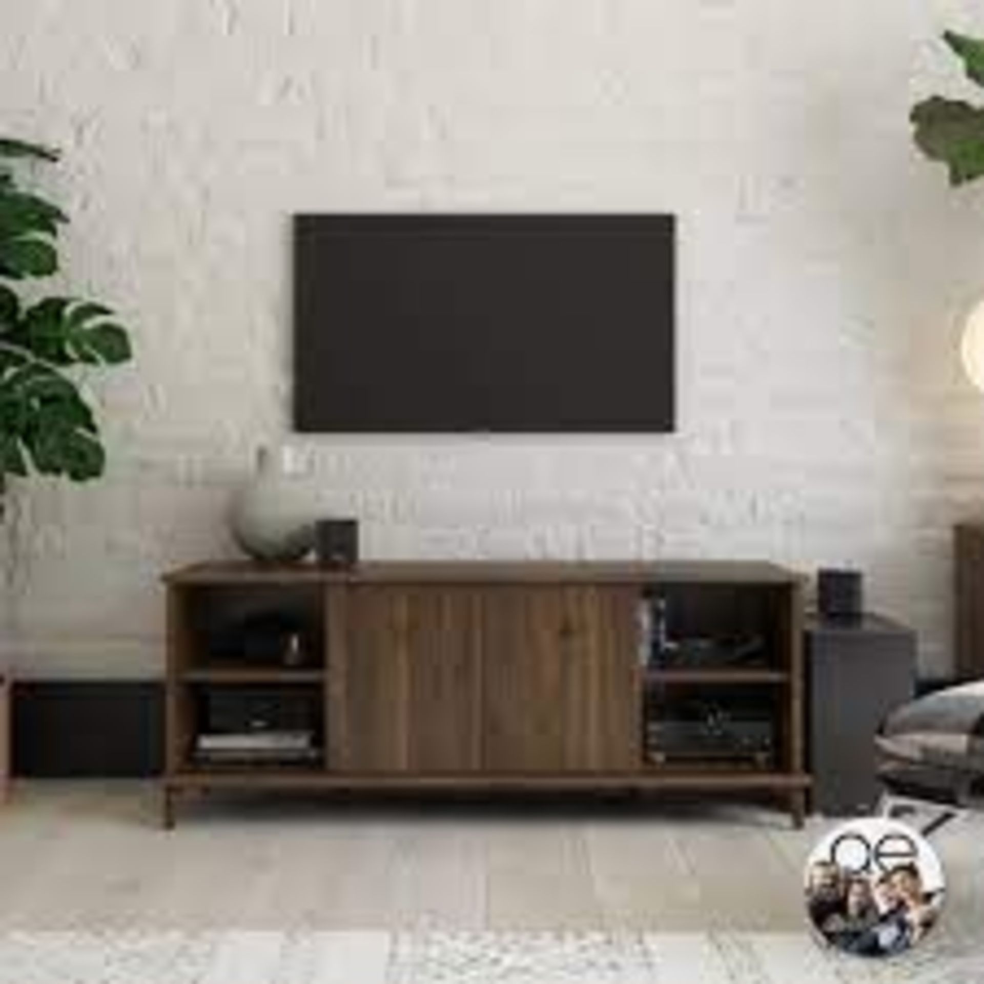 QE Farnsworth TV Stand 55in Walnut. - BI. Get ready for family movie night with the Queer Eye