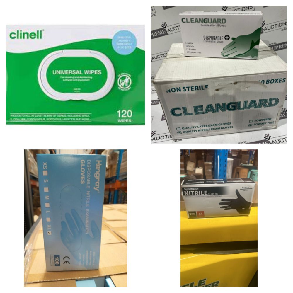 Pallets of Nitrile Gloves, Clinell Wipe, Disposable Cups and much more