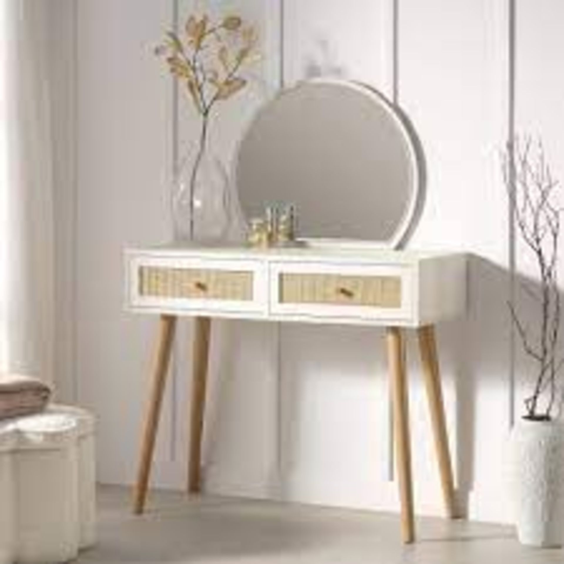 Frances Woven Rattan Dressing Table with Mirror, White. - SR5. Natural materials meets