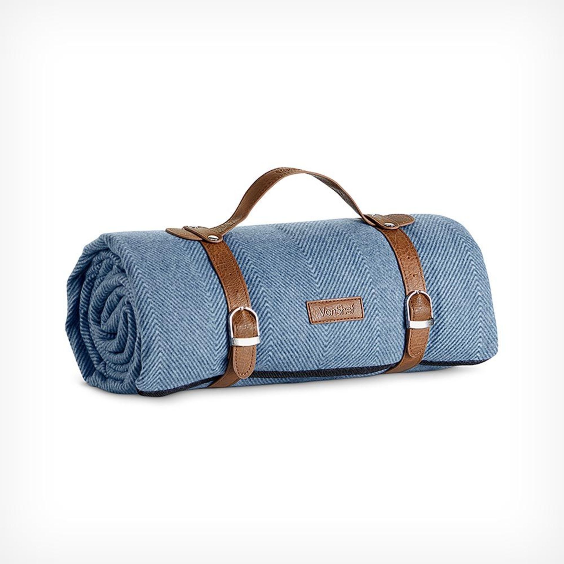 Blue Waterproof Picnic Blanket. - P6. The blue herringbone pattern gives a traditional feel whilst