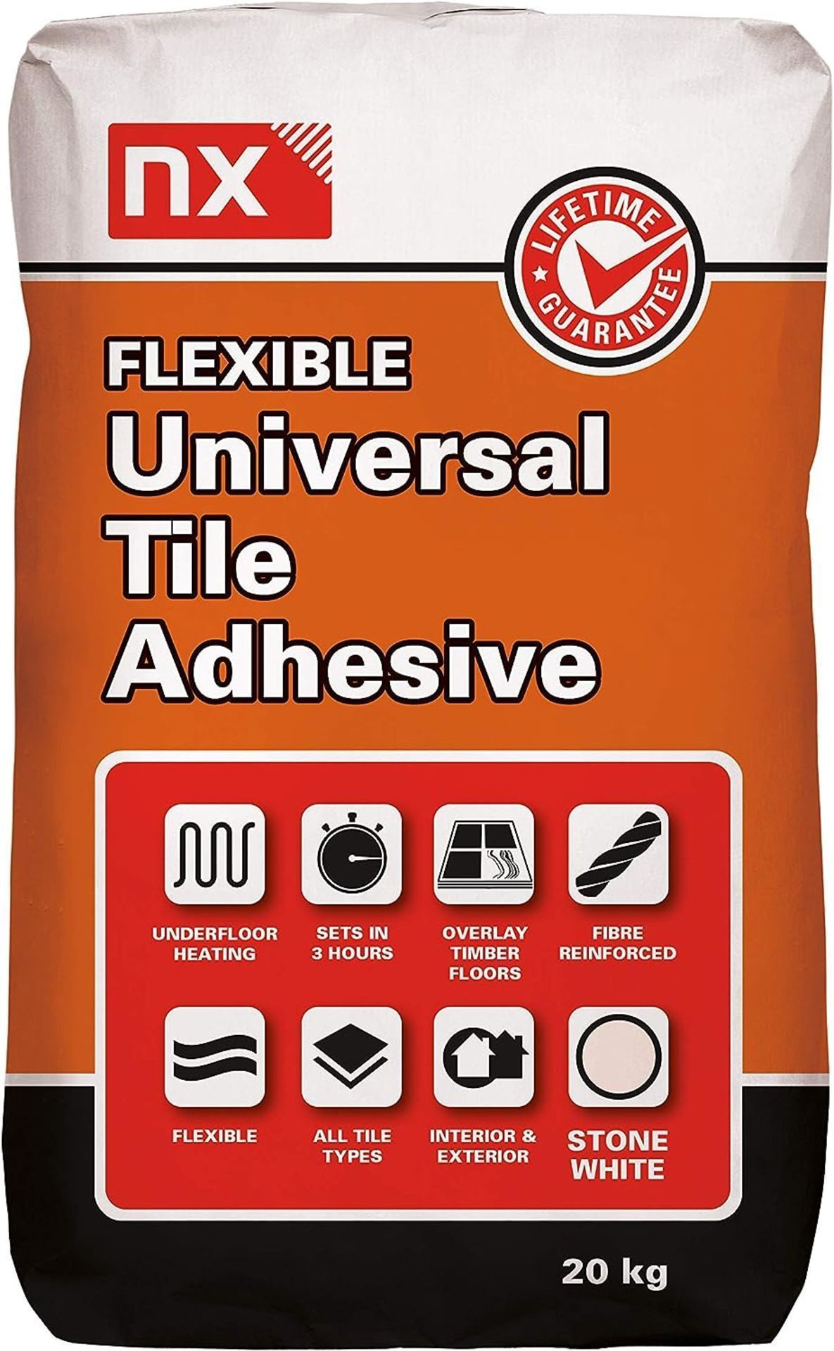 10 X 10KG BAGS OF NX FLEXIBLE UNIVERSALE TILE ADHESIVE. STONE WHITE. UNDERFLOOR HEATING. SETS IN 3