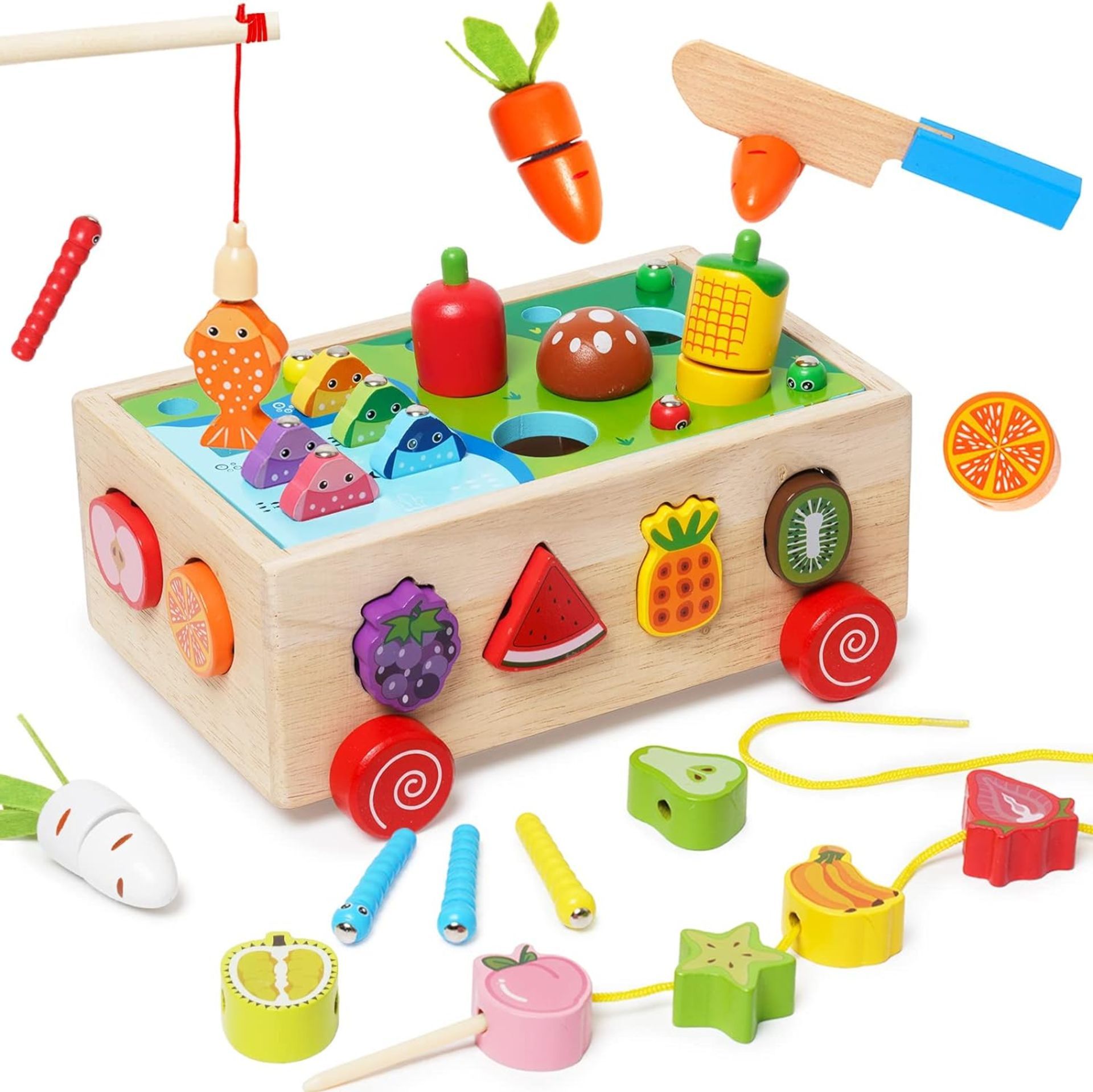 3 X BRAND NEW 7 IN 1 WOODEN TOY WITH CARROT HARVEST, MOTOR SKILLS TO, PLUG IN CUBE SORTING GAME