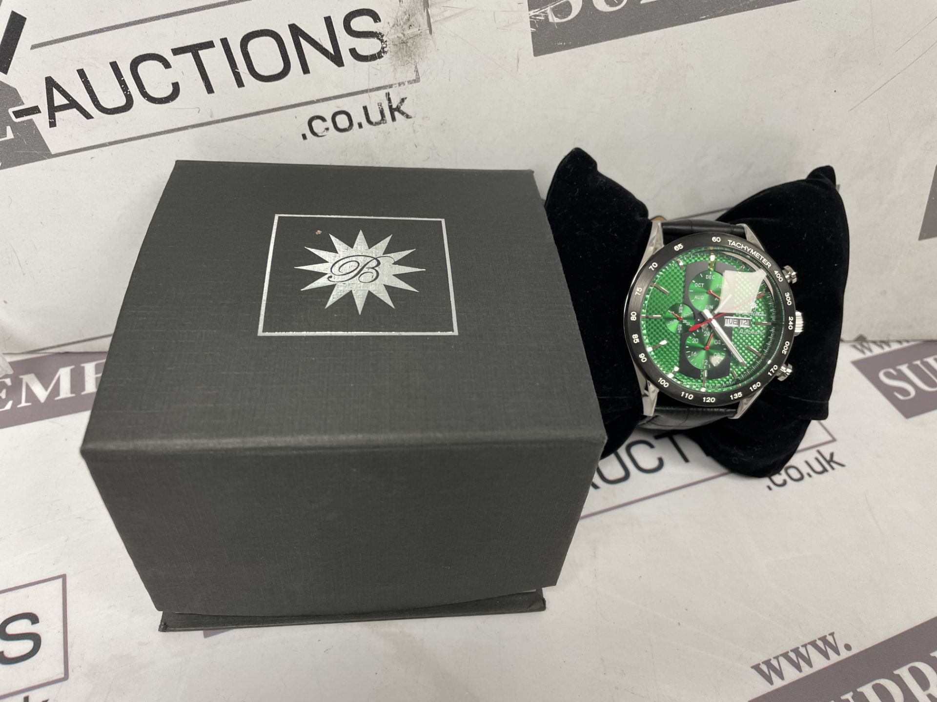 BRAND NEW RAOUL UWE BRAUN 45MM Stainless Steel Automatic Skeleton Tachymeter Watch. GREEN. RRP £225.
