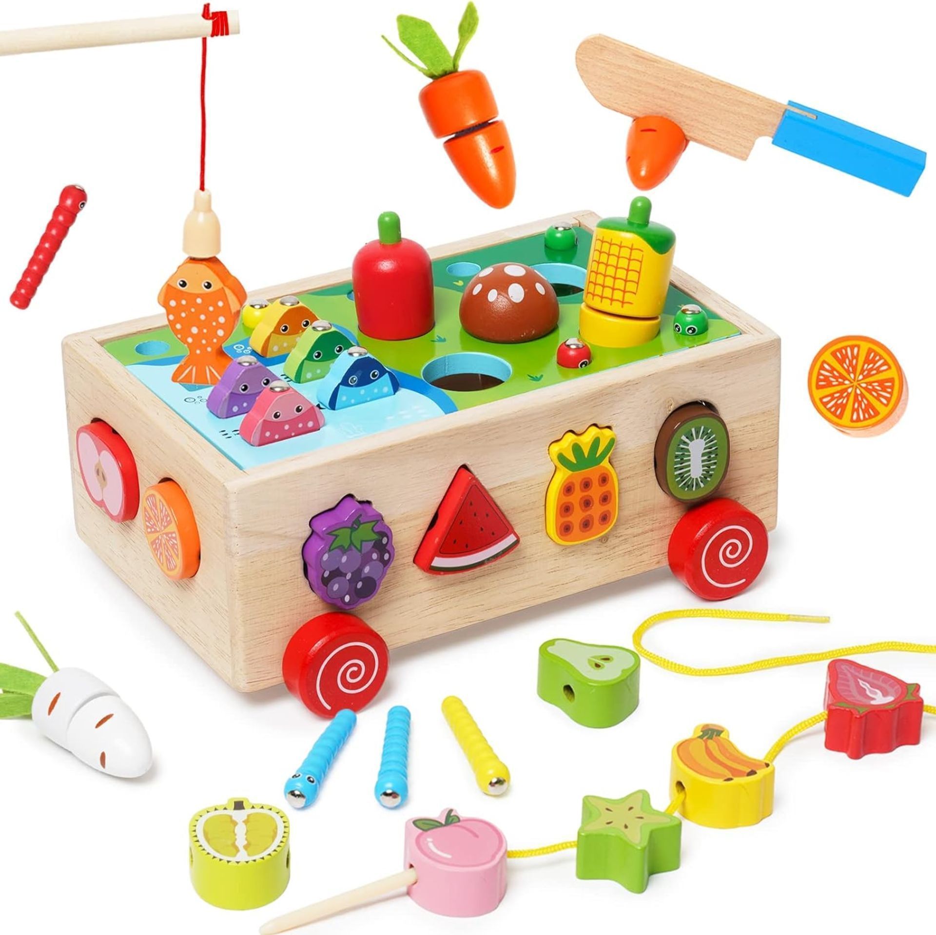 6 X BRAND NEW 7 IN 1 WOODEN TOY WITH CARROT HARVEST, MOTOR SKILLS TO, PLUG IN CUBE SORTING GAME