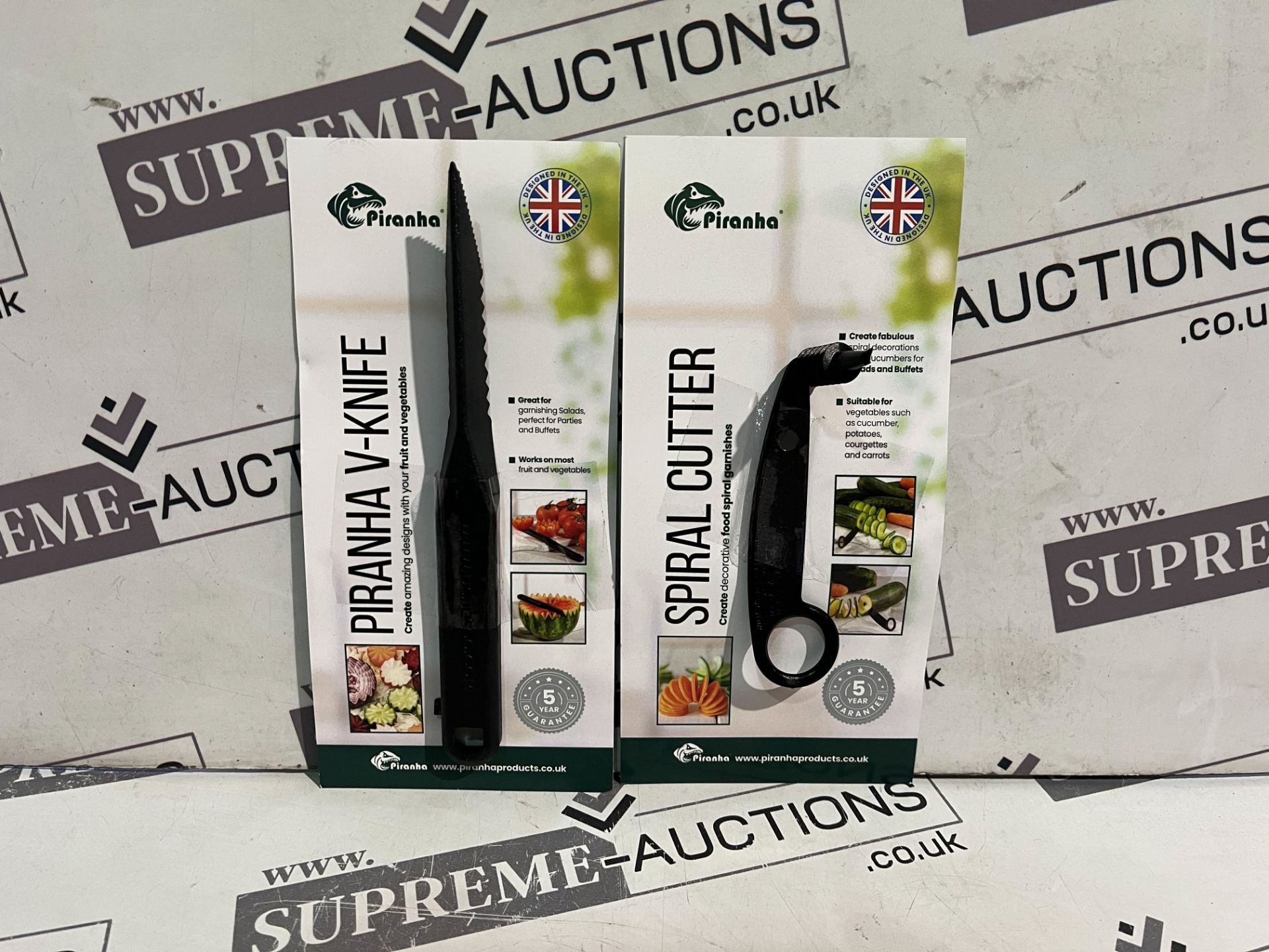 24 X BRAND NEW SETS OF 2 PIRANHA KITCHEN ACCESSORIES INCLUDING SPIRAL CUTTER AND PIRANHA V KNIVES