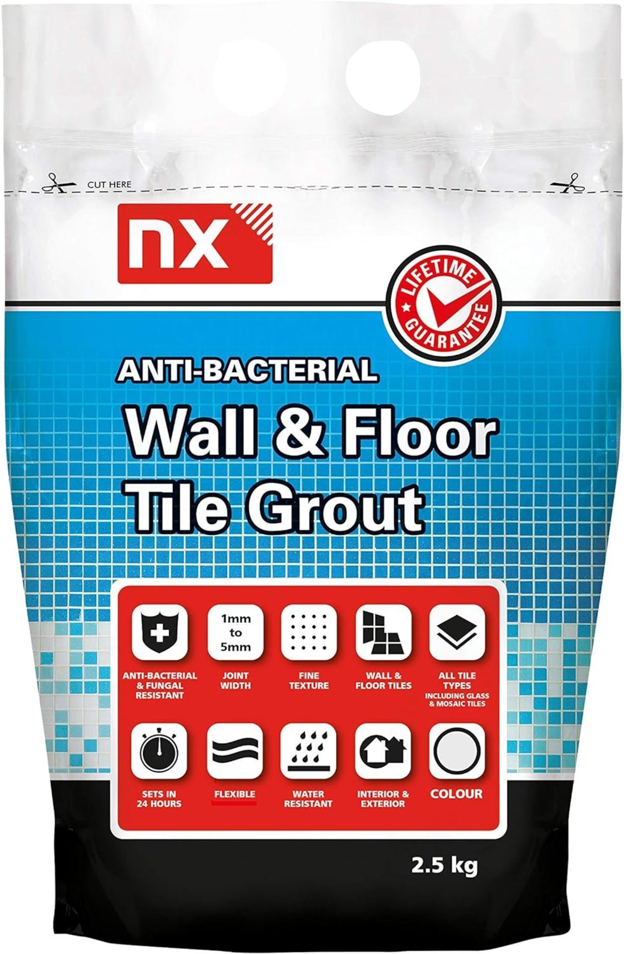 36 X 2.5KG BAGS OF NX ANTI-BACTERIAL WALL & FLOOR OXFORD STONE. FINE TEXTURE. ALL TILE TYPES. SETS