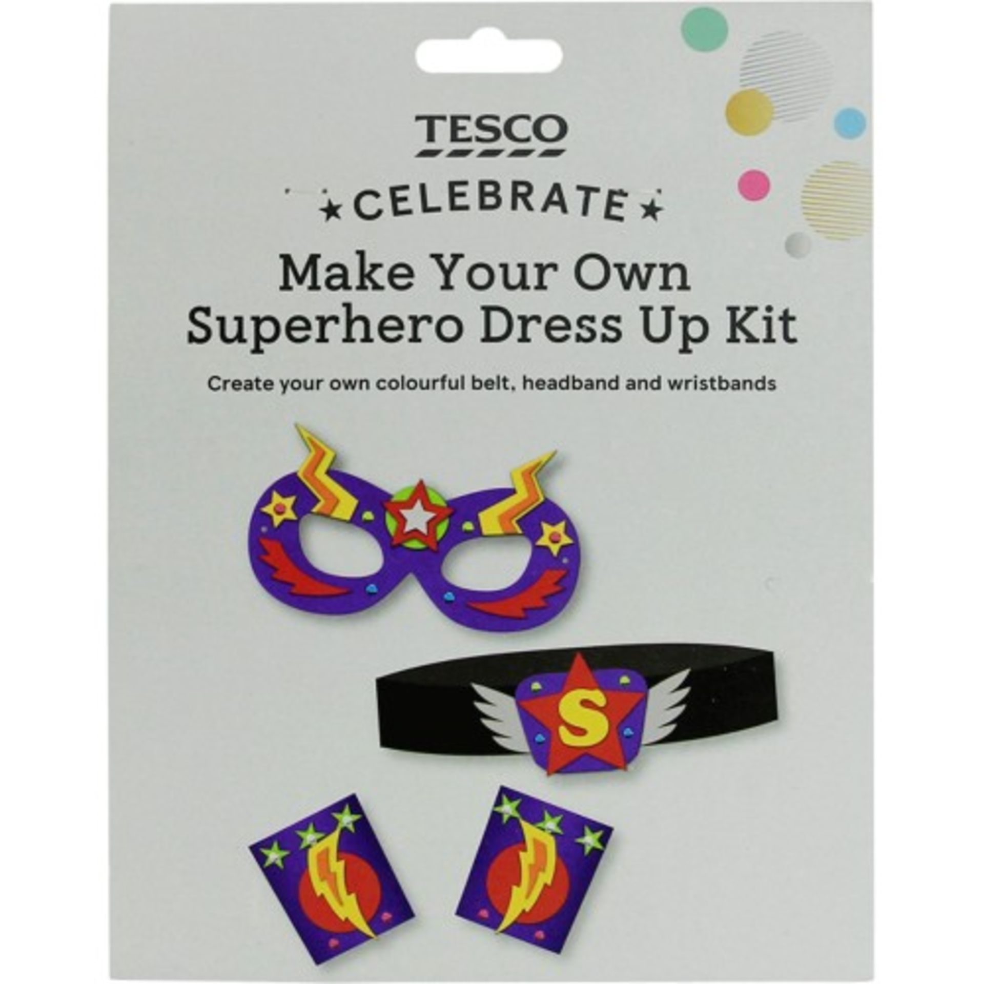 72 X NEW PACKAGED TESCO CELEBRATE MAKE YOUR OWN SUPER HERO DRESS UP KITS. INCLUDES BELT,