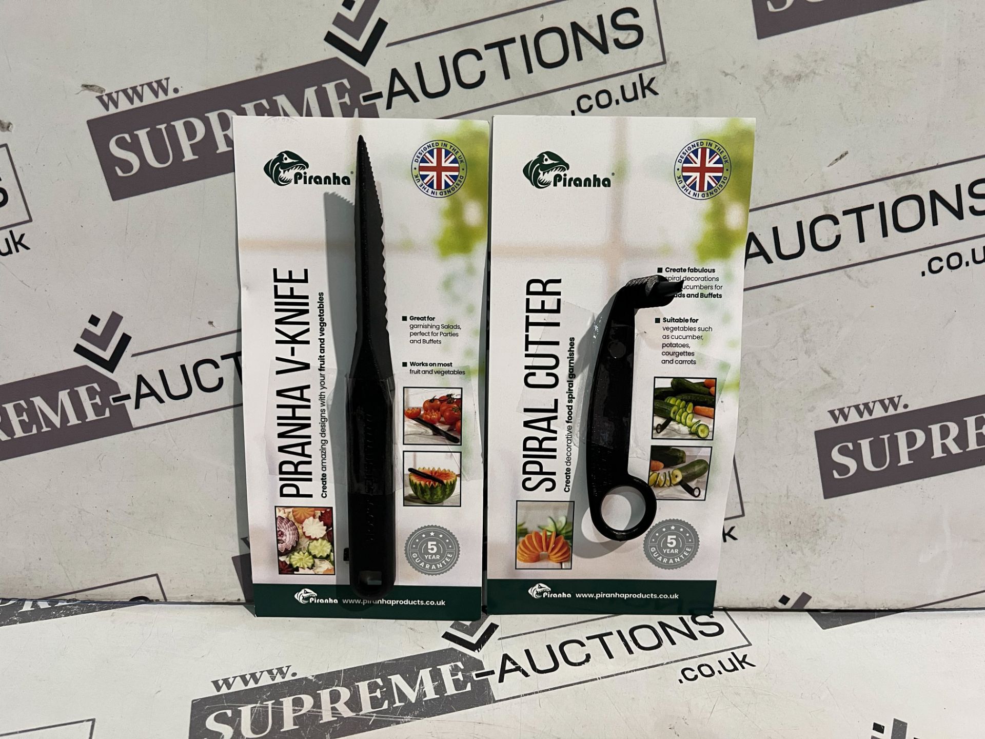 24 X BRAND NEW SETS OF 2 PIRANHA KITCHEN ACCESSORIES INCLUDING SPIRAL CUTTER AND PIRANHA V KNIVES