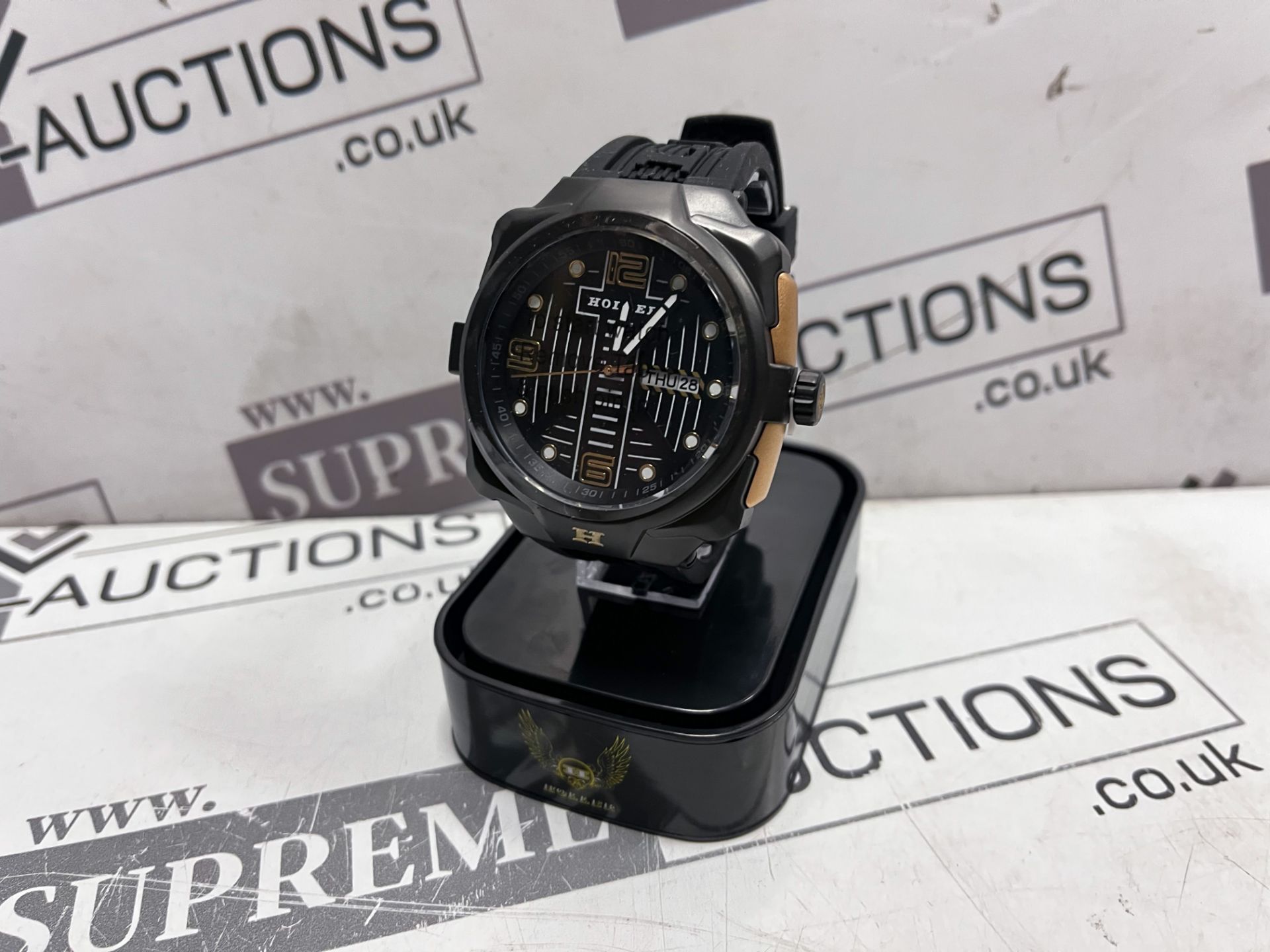 BRAND NEW HOLLER IMPACT BLACK AND GOLD GENTS FASHION WATCH RRP £229 OFC