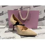 BRAND NEW BOXED MARY CHING JACQUELINE BEIGE LINEN LUXURY FASHION SHOES SIZE 36.5 HEEL 105 RRP £595