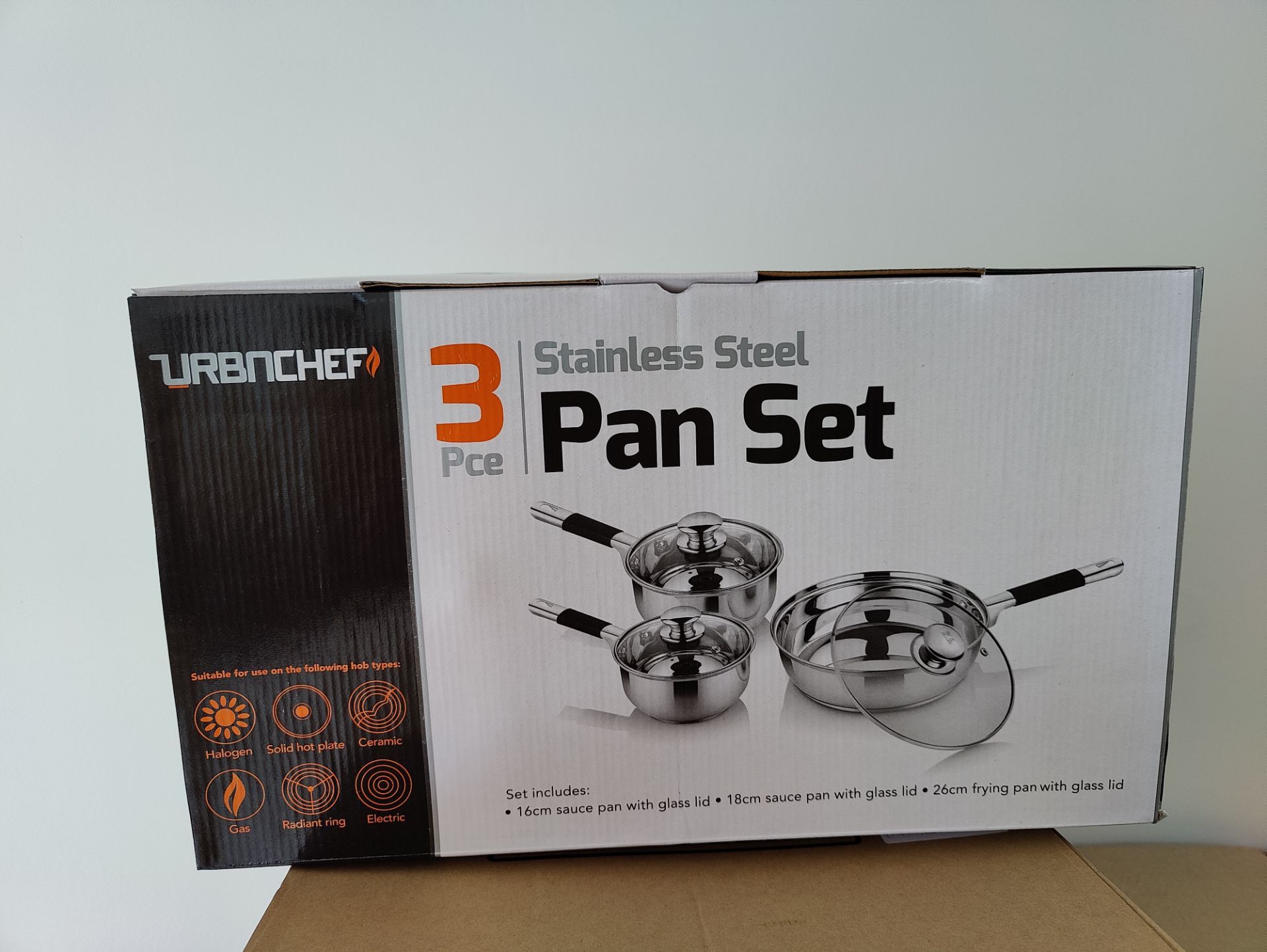3 X BOXED SETS OF URBNCHEF 3 PIECE STAINLESS STEEL PAN SETS. EACH SET INCLUDES: 16CM SAUCE PAN
