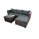 BOX NEW RATTAN GREY 3P/C OPTIONAL CORNER SUITE, C/W SOFA, LOUNGER, COFFEE TABLE, GLASS