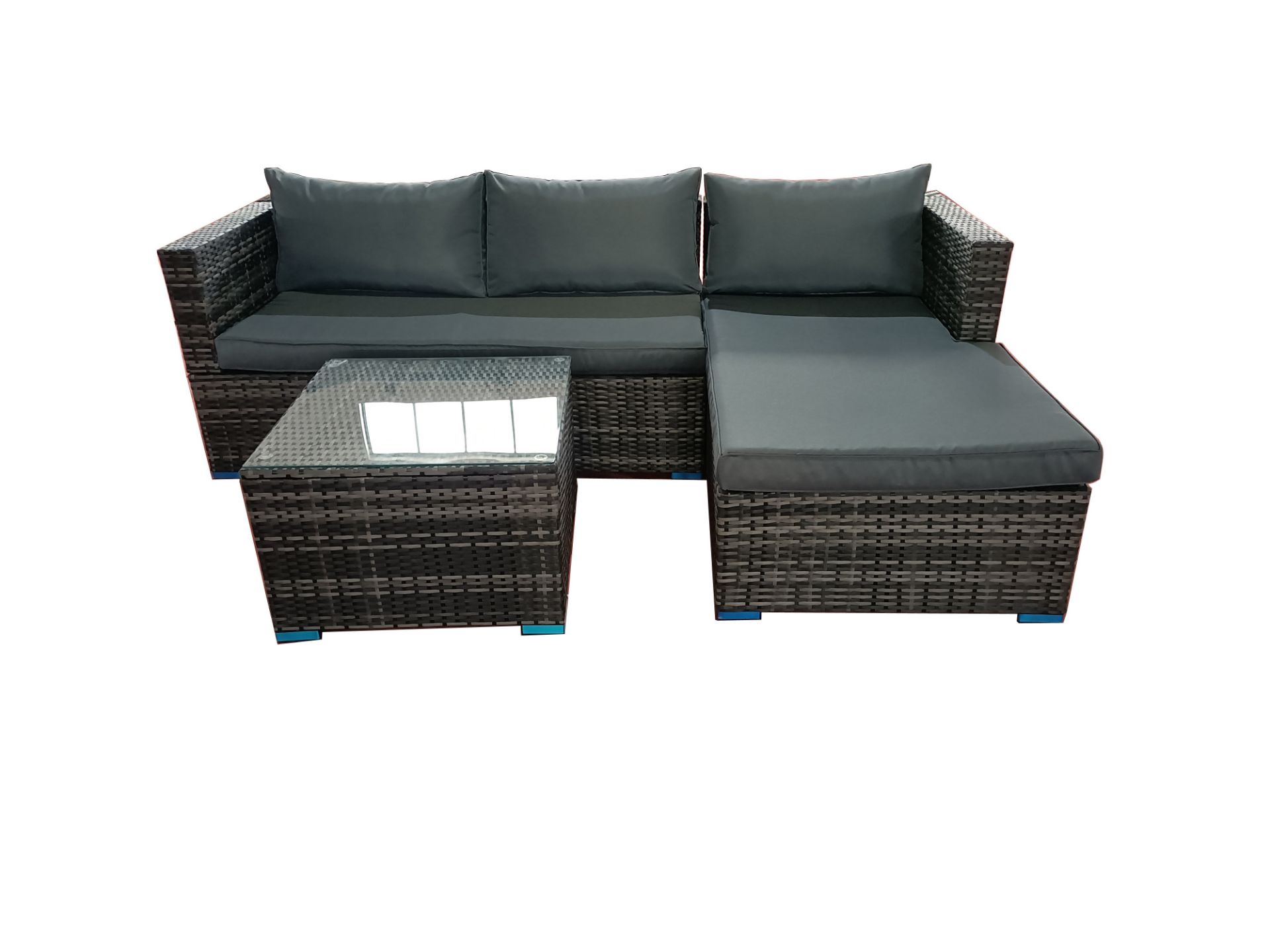 BOX NEW RATTAN GREY 3P/C OPTIONAL CORNER SUITE, C/W SOFA, LOUNGER, COFFEE TABLE, GLASS