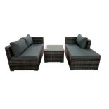 BOX NEW RATTAN GREY 3P/C OPTIONAL CORNER SUITE, C/W SOFA, LOUNGER, COFFEE TABLE, GLASS