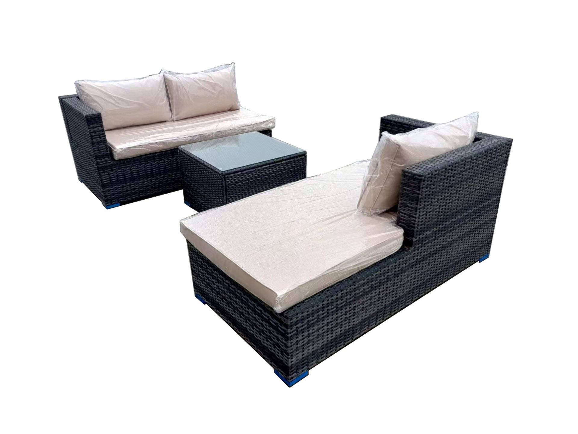 BOX NEW RATTAN BROWN/IVORY CUSHION 3P/C OPTIONAL CORNER SUITE, C/W SOFA, LOUNGER, COFFEE TABLE,