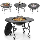 90cm Dining Table Fire Pit, 4-in-1 Round Wood Burning Fire Bowl with Cooking Grill, Wood Grate,