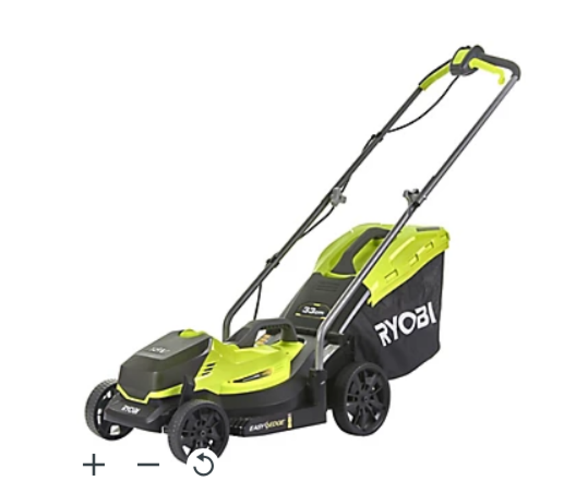 Ryobi ONE+ Cordless 18V Rotary Lawnmower (R45). Designed to be compact and lightweight, the 33cm