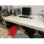 Mixed Lot including Large Metal and Wooden Desk, 2 x Stainless Steel Workbenches and 3 X small