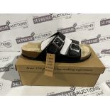 8 x BRAND NEW CUSHION WALK FLEXIBLE COMFORT DOUBLE BUCKLE BLACK LUXURY SANDLES IN VARIOUS SIZES R5.