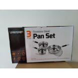3 X BOXED SETS OF URBNCHEF 3 PIECE STAINLESS STEEL PAN SETS. EACH SET INCLUDES: 16CM SAUCE PAN