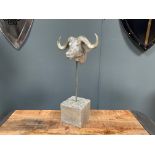 BOXED NEW RESIN AND METAL BUFFALO HEAD ON STAND (H: 44cm W: 22cm D: 12cm)