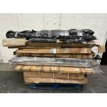 Pallet of Assorted Furniture Parts to Include Modern Glass Dining Table with Wood Grain Steel