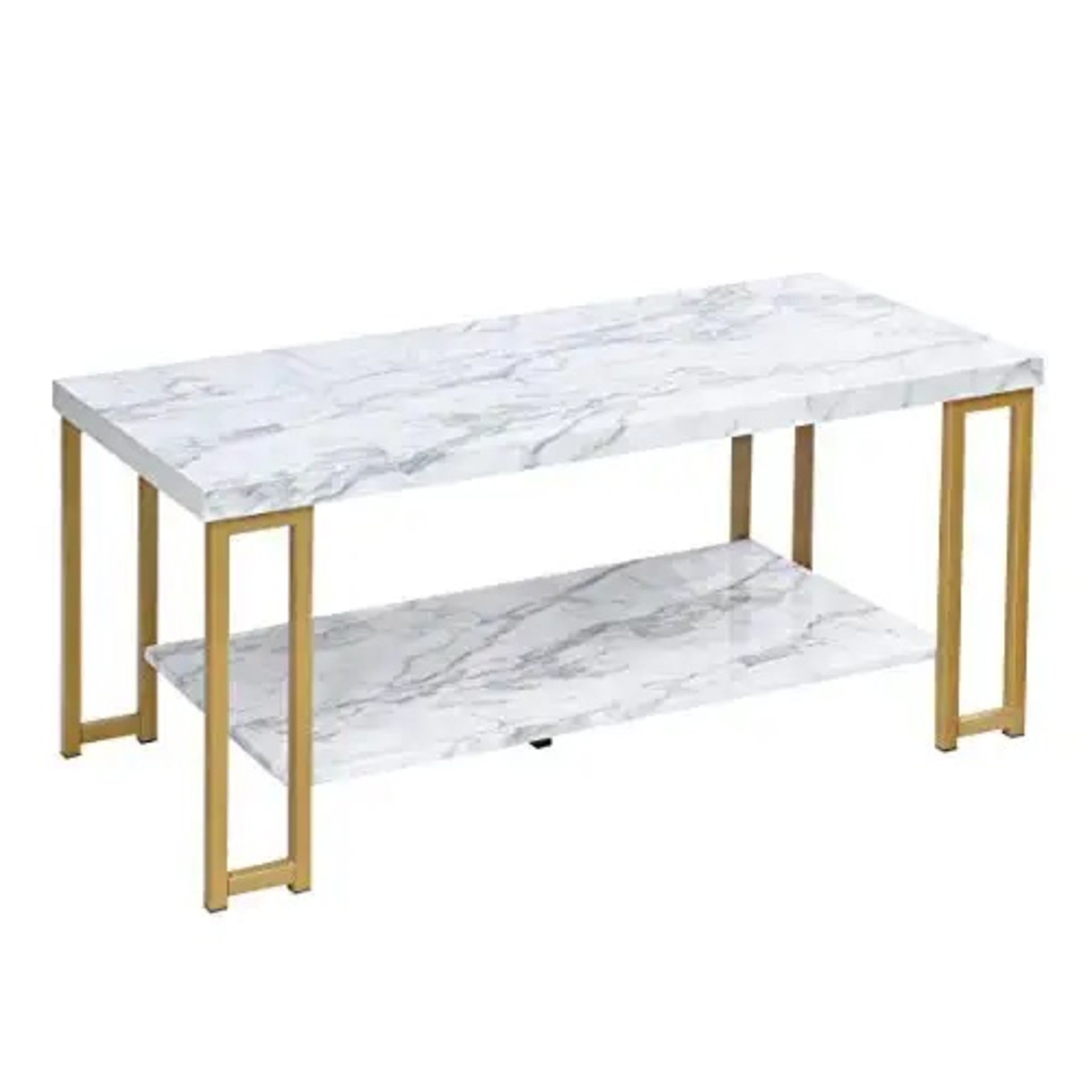 2 Tier Coffee Table, Marble Effect Cocktail Center Table with Storage Shelf, Golden Metal Frame