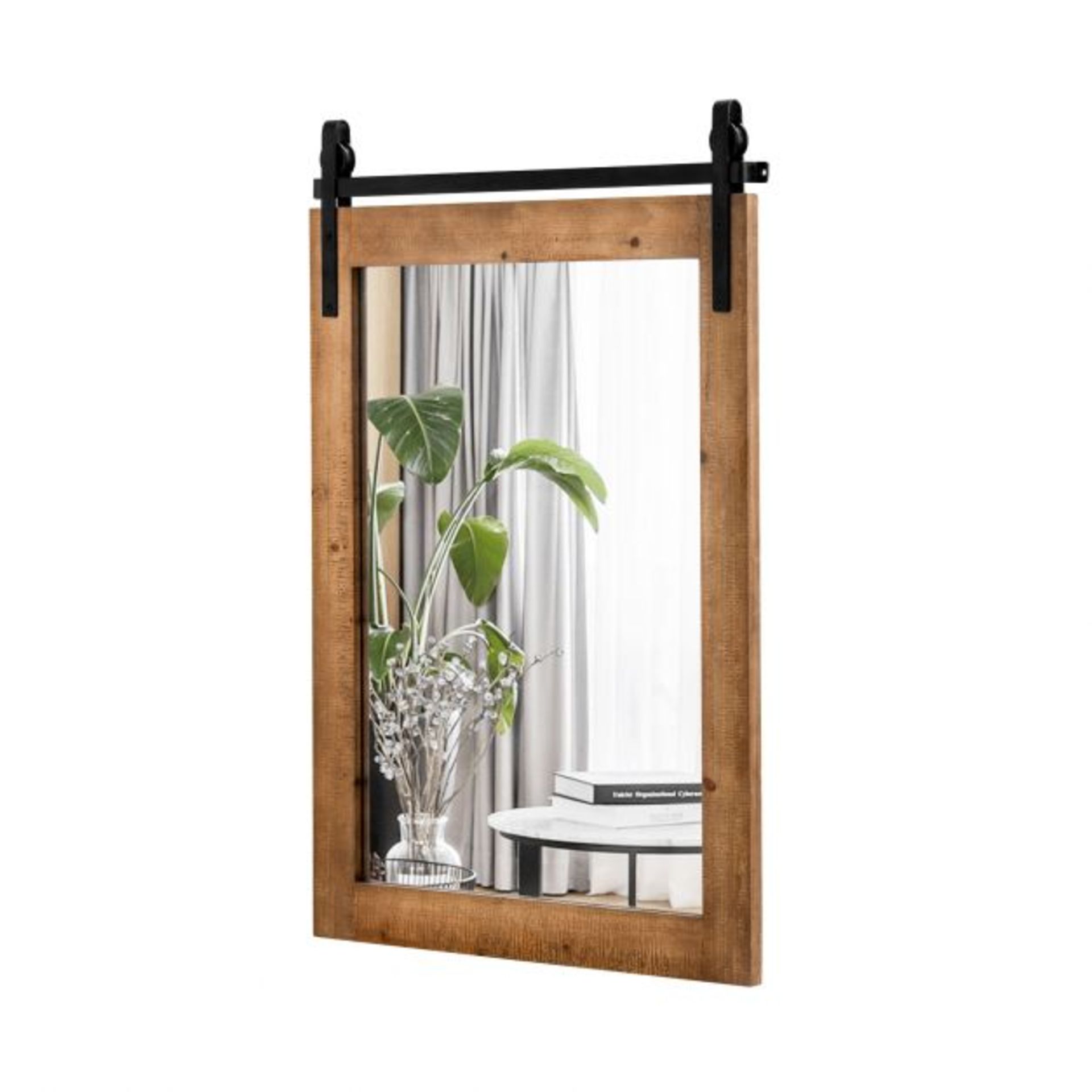 Wall Mounted Mirror with Solid Wood Frame and Metal Bracket