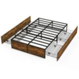Double Metal Bed Frame with 4 Rolling Underbed Storage Drawers