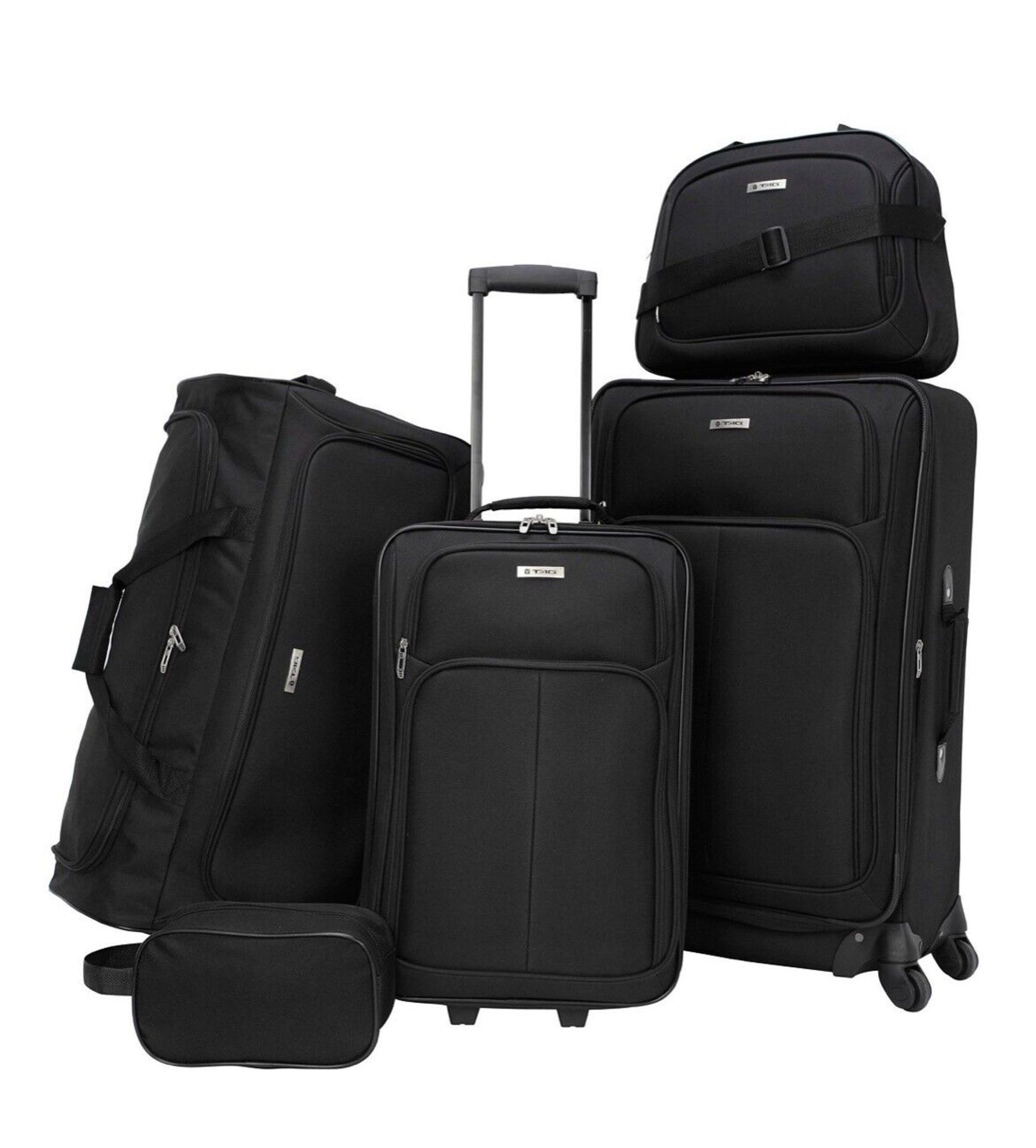 3 X NEW SETS OF TAG Ridgefield Black 5 Piece Softside Luggage Sets. RRP $300 per set, giving this