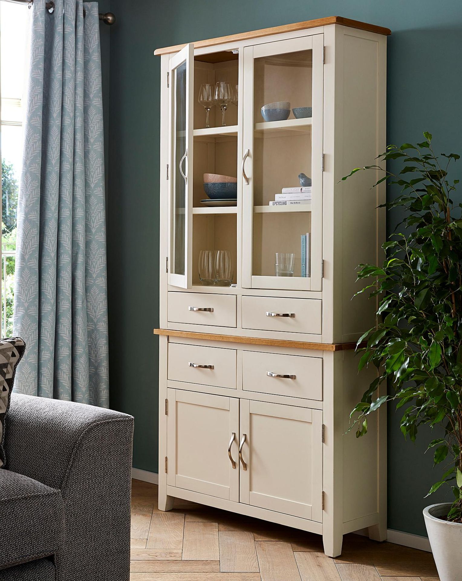 NEW & BOXED Norfolk Two Tone Oak and Oak Veneer Tall Display Unit - Grey & Oak. RRP £629. Norfolk