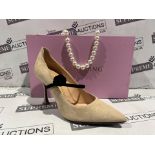 NEW & BOXED MARY CHING Jacqueline 105 Heel Ladies High End Fashion Shoes. BEIGE LINEN. SIZE 36.5.