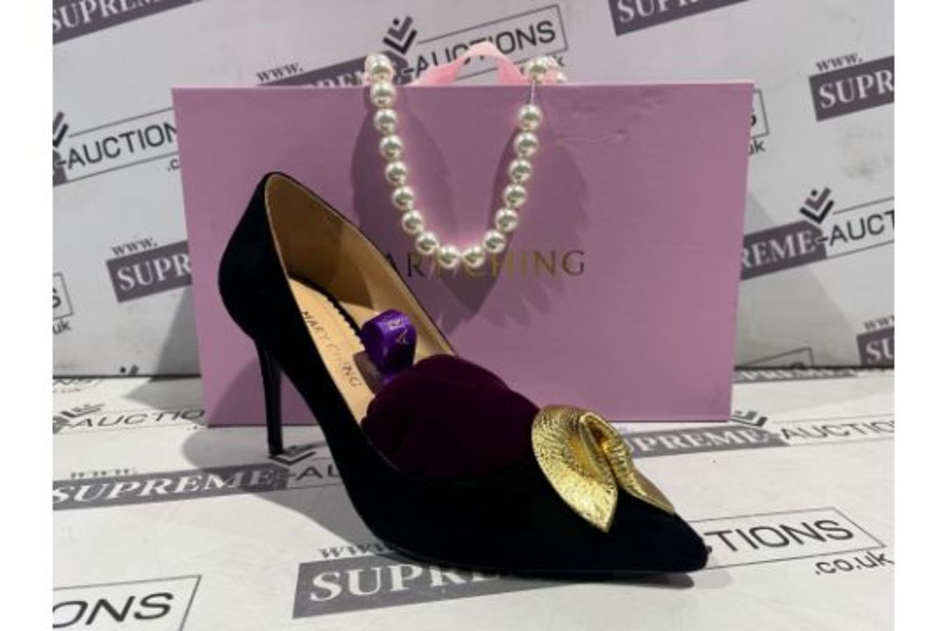 NEW & BOXED MARY CHING MC109 25 Heel Ladies High End Fashion Shoes. BLACK SUEDE FORTUNE COOKIE. SIZE