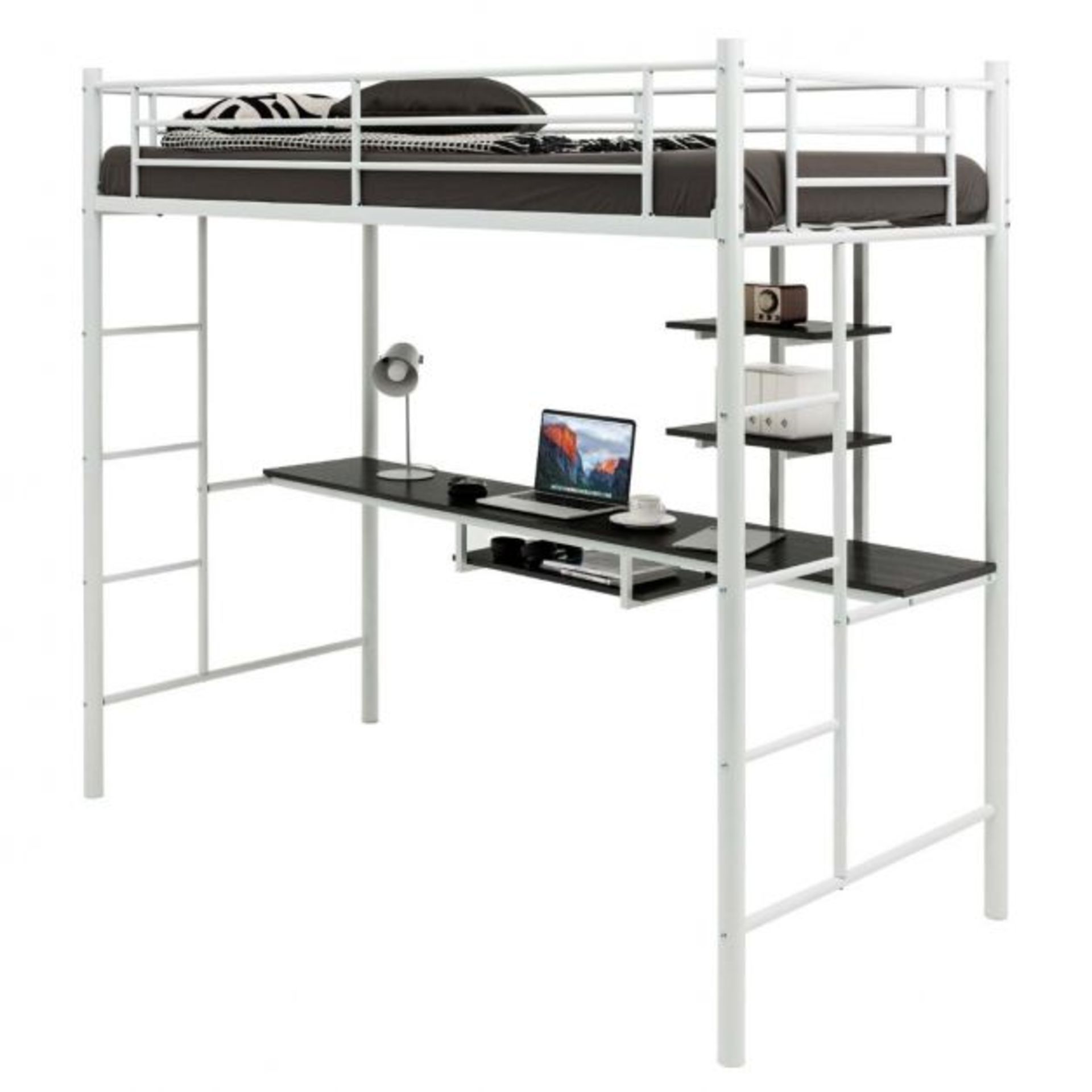 Metal Bunk Bed Frame High Sleeper with Desk and Storage Shelves. - SR37. Made of powder-coated