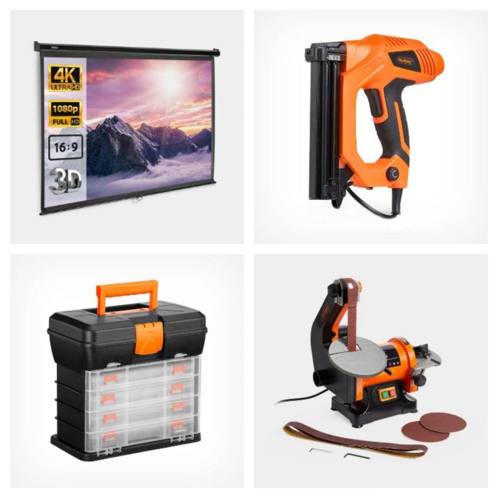 Projector Screens, Tool Sets, Sanders, Extension Leads, , Chisel Sets, Vacuums, Beauty Cases, Mitre Saws, Water Pumps, Hand Tool Sets & More!